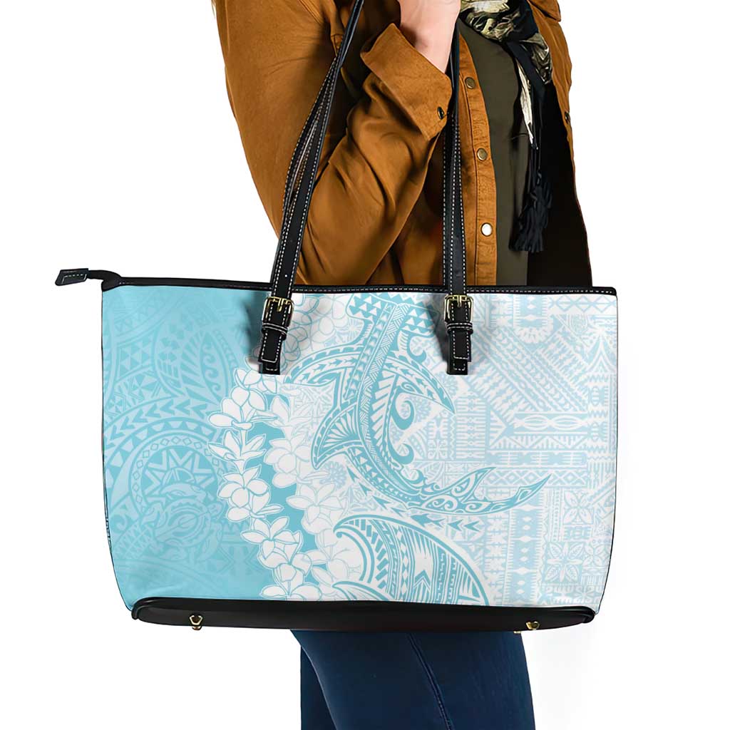 Polynesian Turquoise Plumeria Lei Leather Tote Bag with Hammerhead Shark LT7 - Polynesian Pride