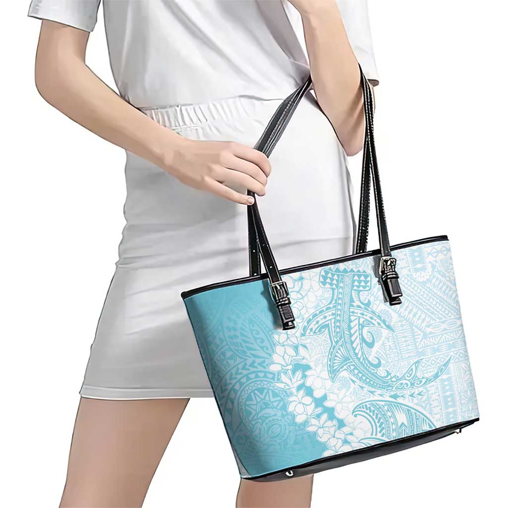 Polynesian Turquoise Plumeria Lei Leather Tote Bag with Hammerhead Shark LT7 - Polynesian Pride
