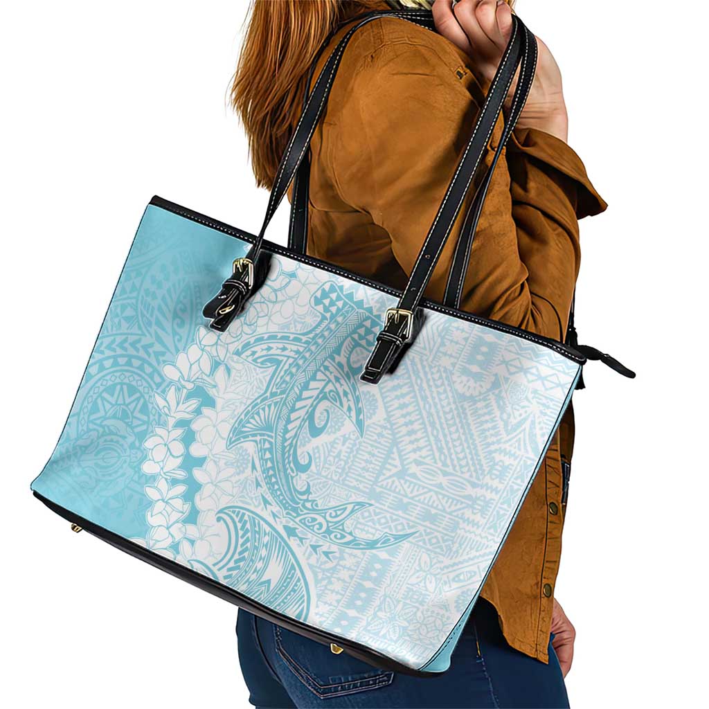Polynesian Turquoise Plumeria Lei Leather Tote Bag with Hammerhead Shark LT7 - Polynesian Pride
