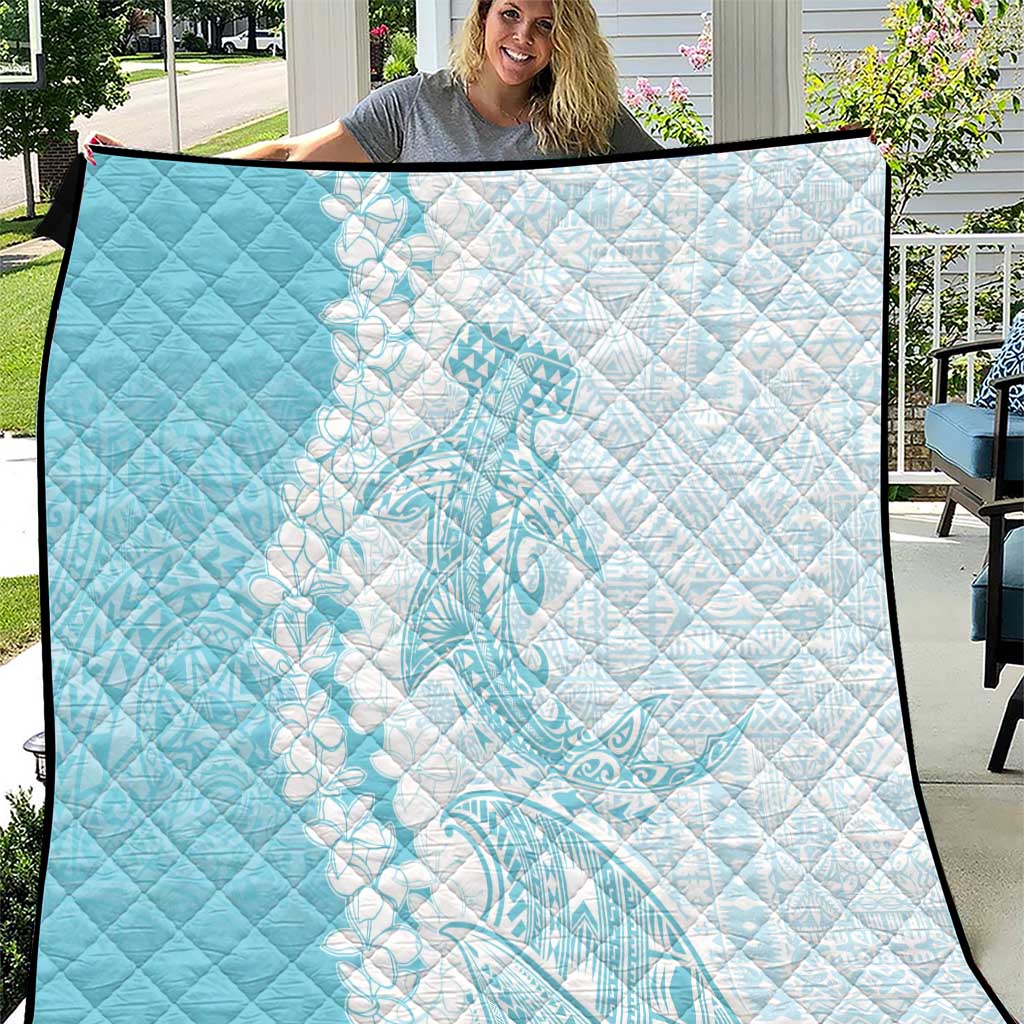Polynesian Turquoise Plumeria Lei Quilt with Hammerhead Shark