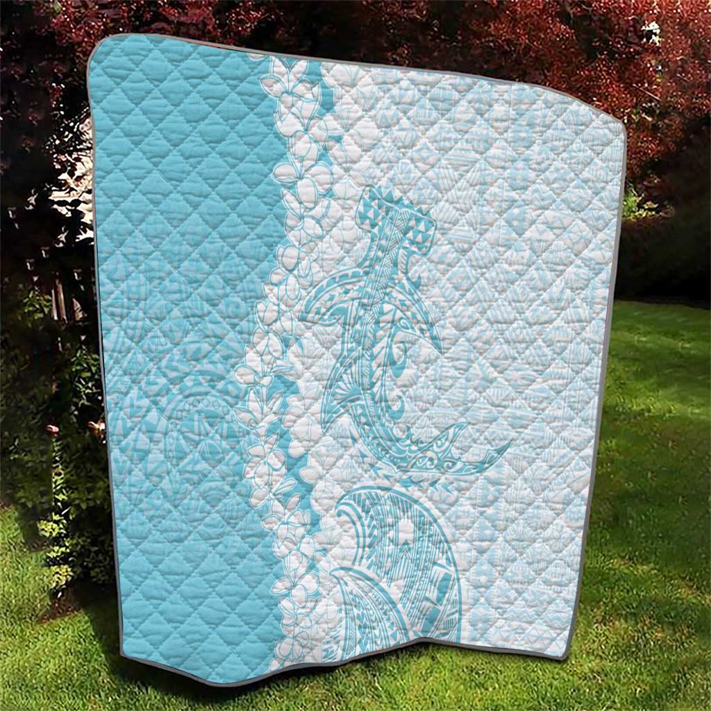 Polynesian Turquoise Plumeria Lei Quilt with Hammerhead Shark