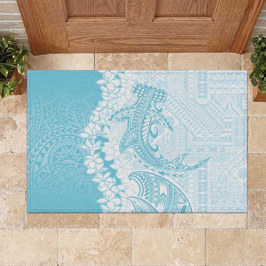 Polynesian Turquoise Plumeria Lei Rubber Doormat with Hammerhead Shark LT7 Turquoise - Polynesian Pride