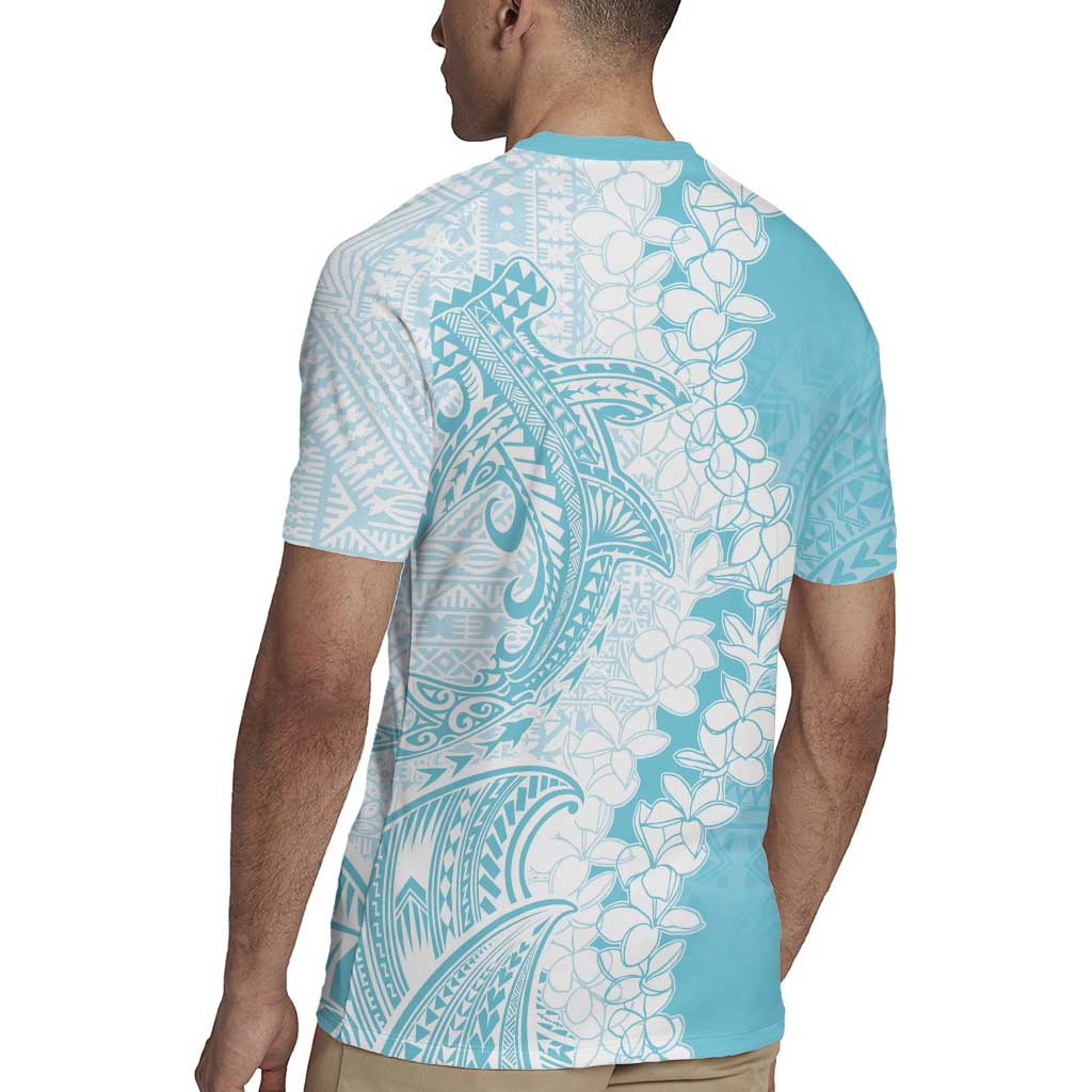Polynesian Turquoise Plumeria Lei Rugby Jersey with Hammerhead Shark