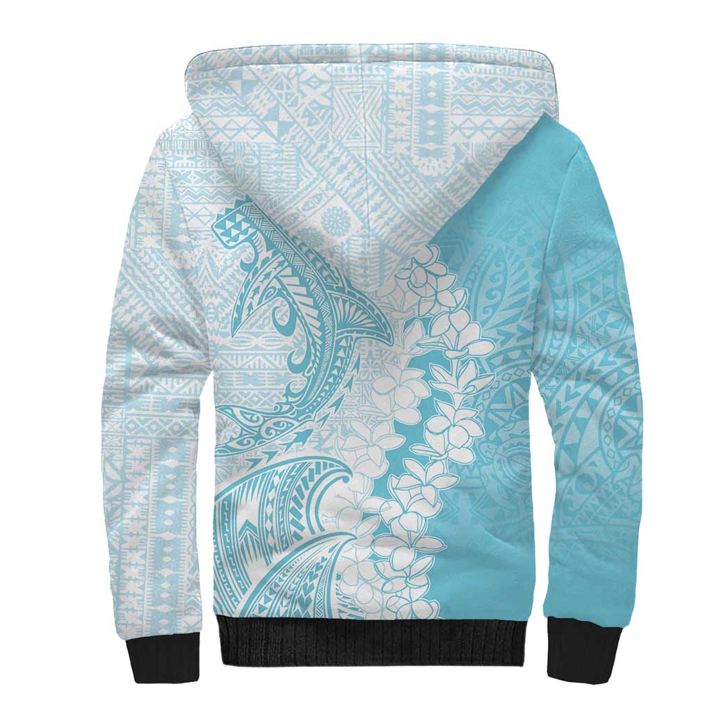 Polynesian Turquoise Plumeria Lei Sherpa Hoodie with Hammerhead Shark LT7 - Polynesian Pride