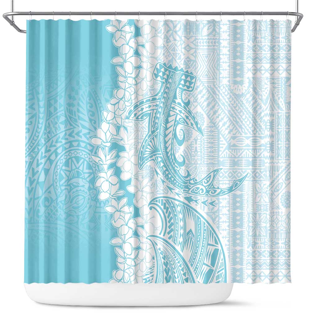 Polynesian Turquoise Plumeria Lei Shower Curtain with Hammerhead Shark