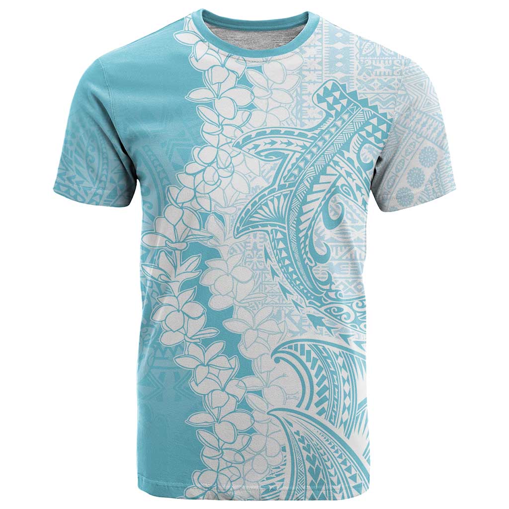 Polynesian Turquoise Plumeria Lei T Shirt with Hammerhead Shark