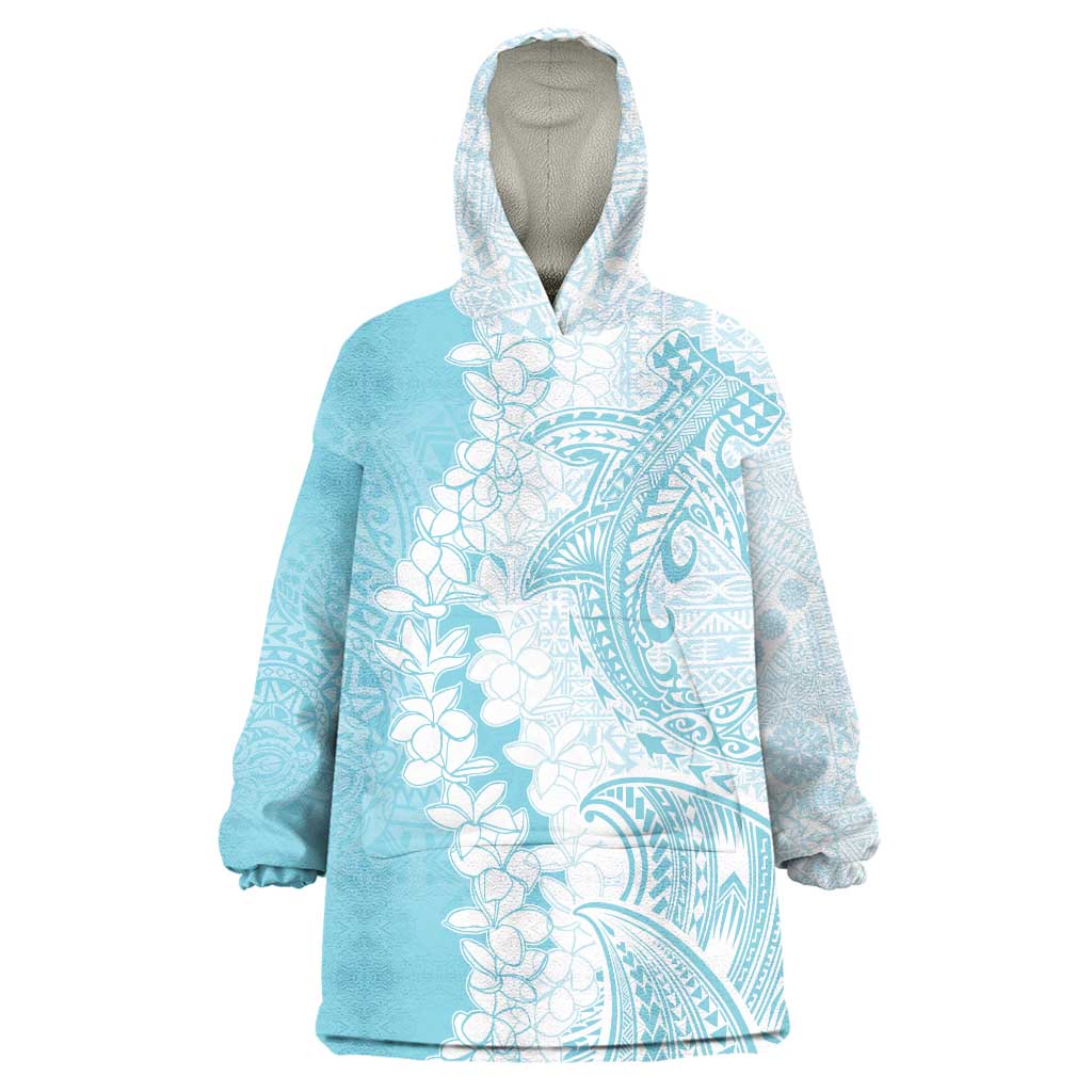 Polynesian Turquoise Plumeria Lei Wearable Blanket Hoodie with Hammerhead Shark