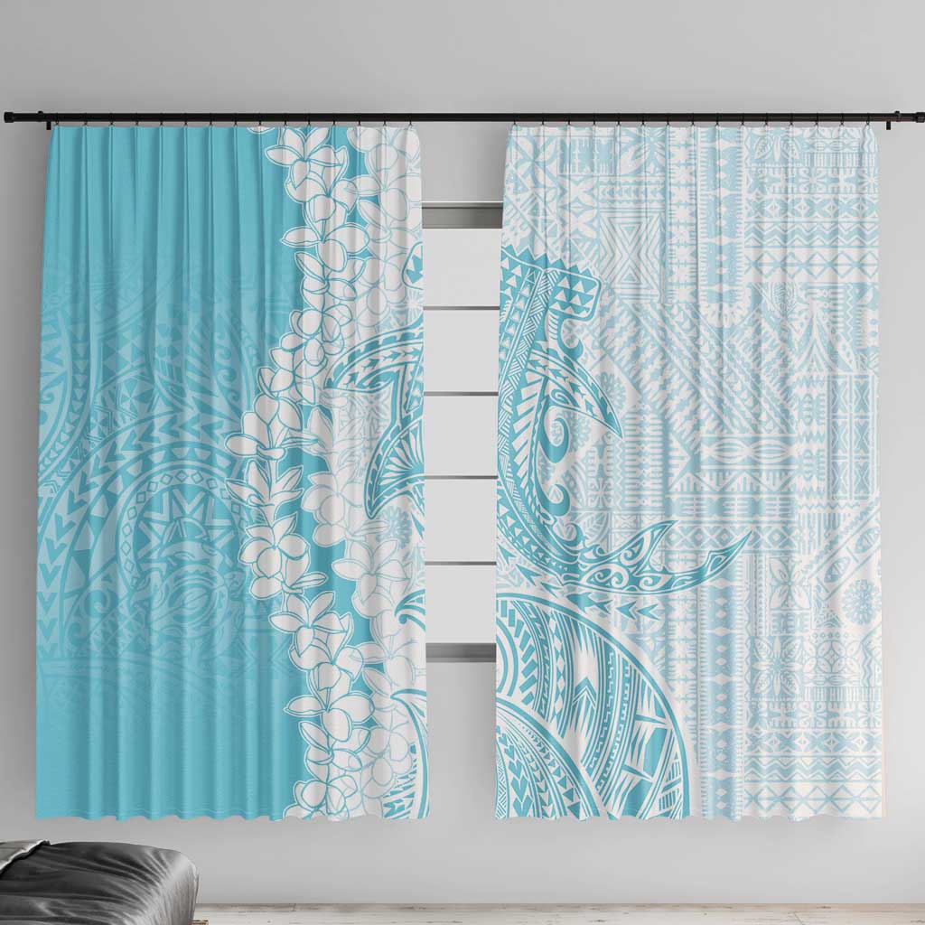 Polynesian Turquoise Plumeria Lei Window Curtain with Hammerhead Shark