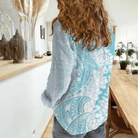 Polynesian Turquoise Plumeria Lei Women Casual Shirt with Hammerhead Shark