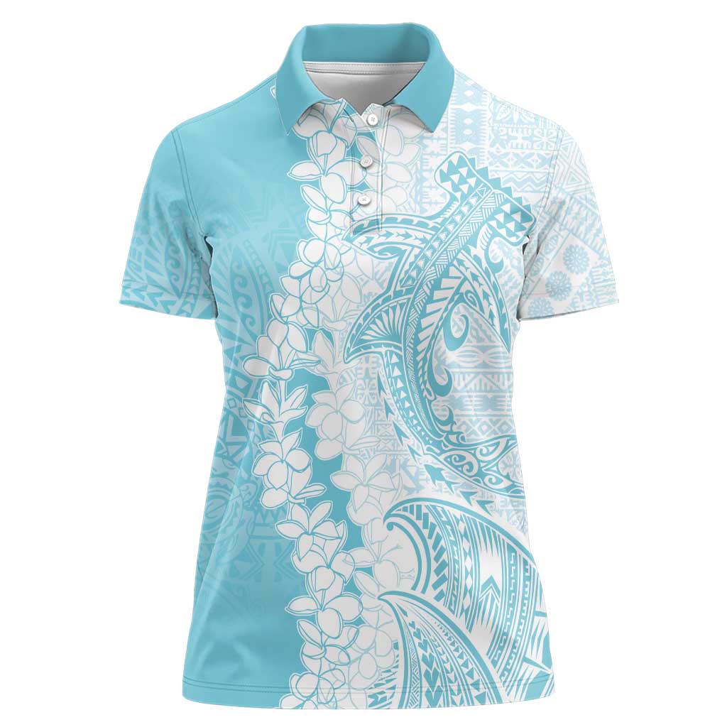 Polynesian Turquoise Plumeria Lei Women Polo Shirt with Hammerhead Shark