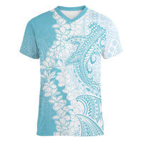 Polynesian Turquoise Plumeria Lei Women V-Neck T-Shirt with Hammerhead Shark LT7 Female Turquoise - Polynesian Pride