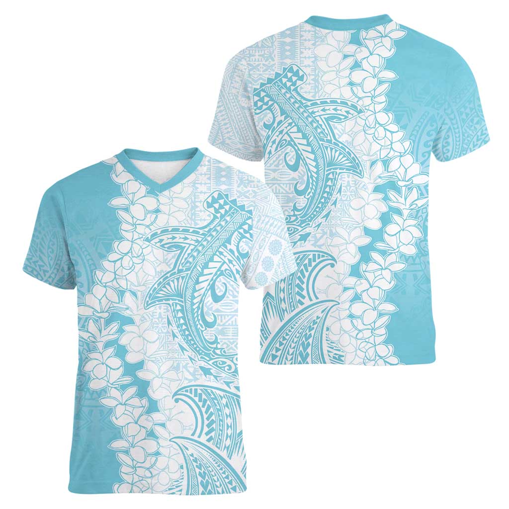 Polynesian Turquoise Plumeria Lei Women V-Neck T-Shirt with Hammerhead Shark LT7 - Polynesian Pride