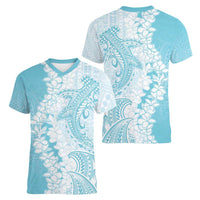 Polynesian Turquoise Plumeria Lei Women V-Neck T-Shirt with Hammerhead Shark LT7 - Polynesian Pride