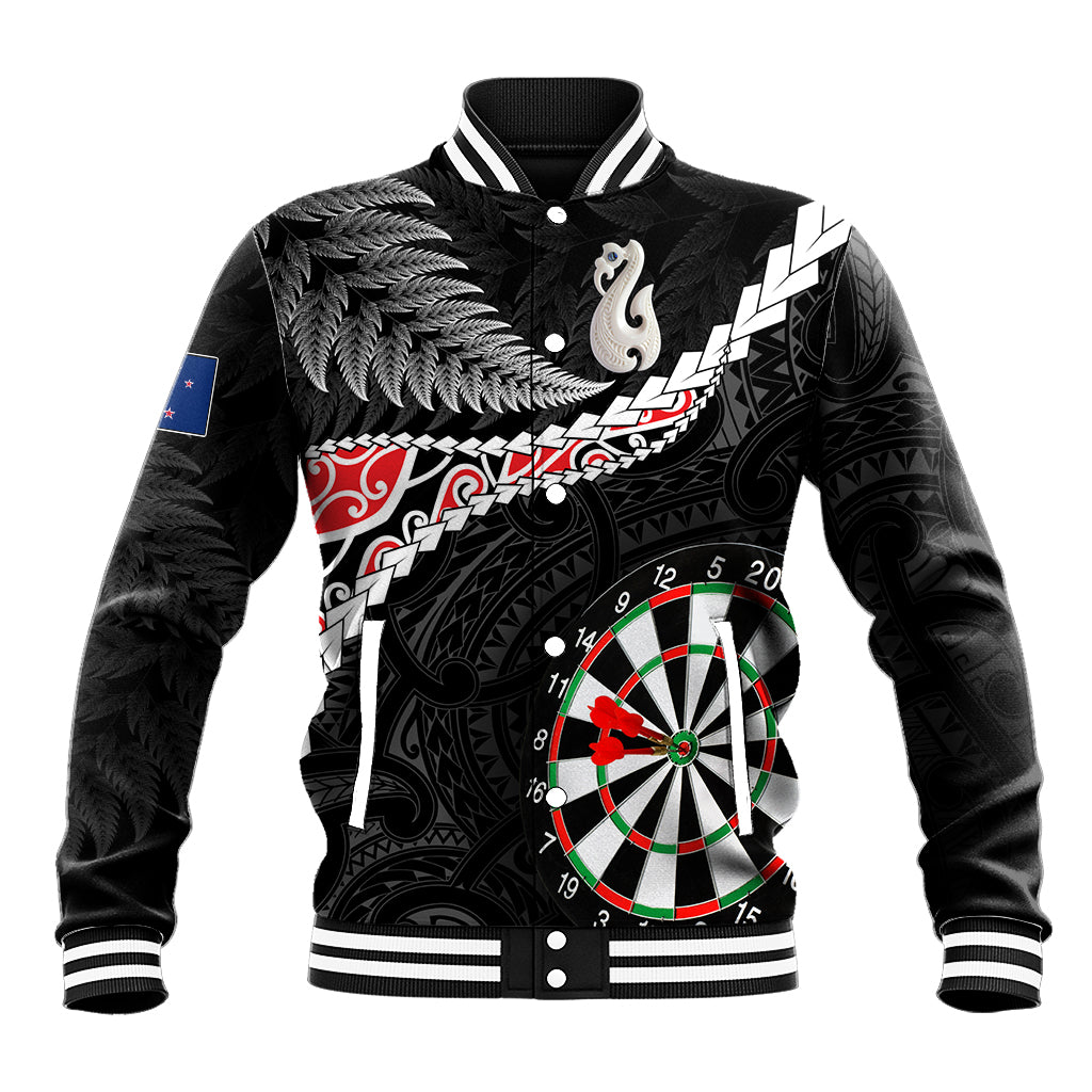 Personalised New Zealand Darts Baseball Jacket Maori Manaia LT7 Unisex Black - Polynesian Pride