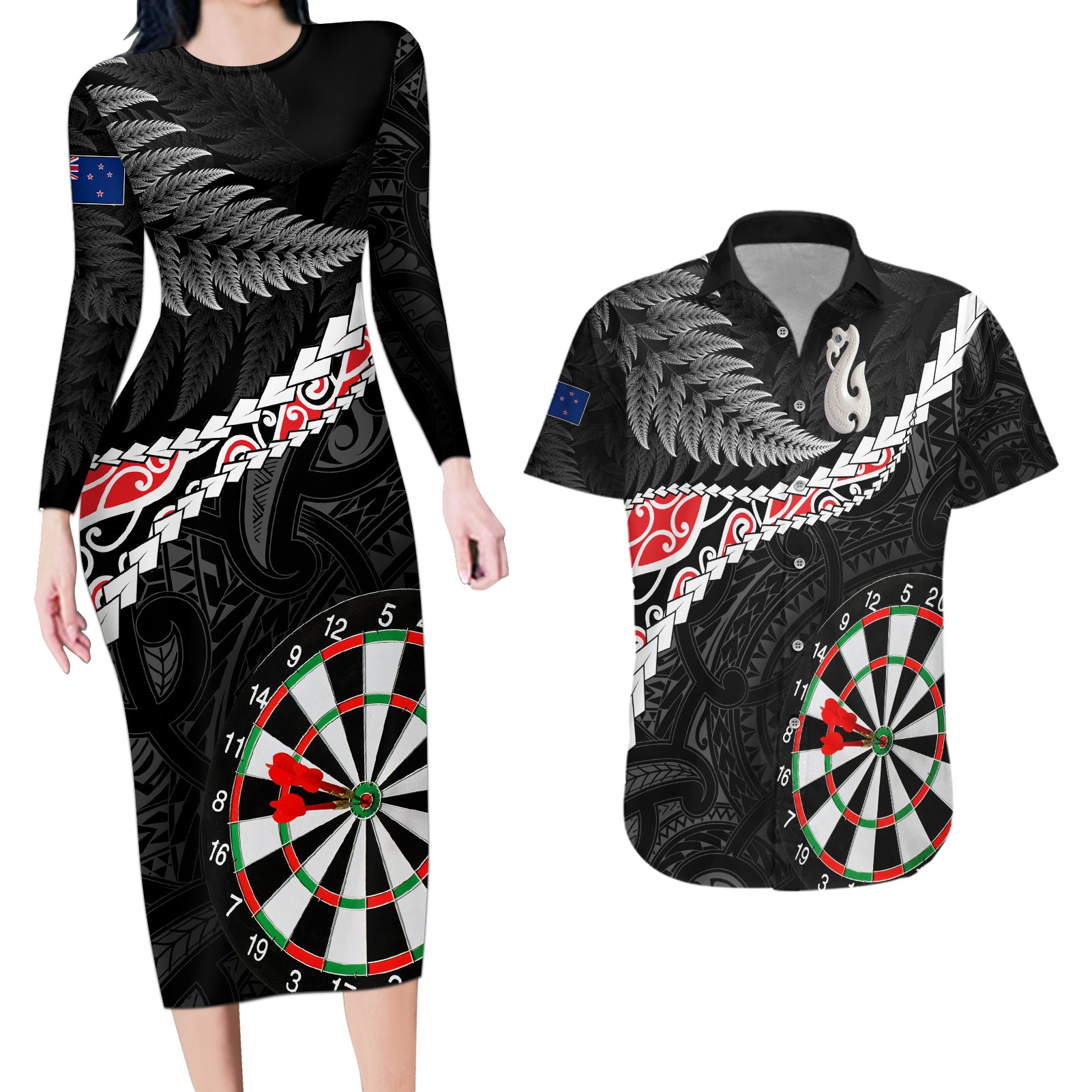 Personalised New Zealand Darts Couples Matching Long Sleeve Bodycon Dress and Hawaiian Shirt Maori Manaia LT7 Black - Polynesian Pride