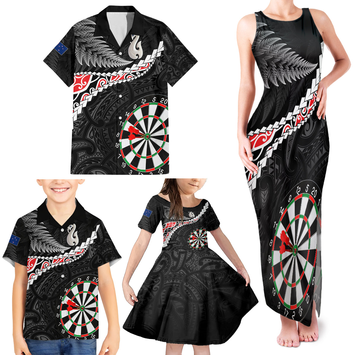 Personalised New Zealand Darts Family Matching Tank Maxi Dress and Hawaiian Shirt Maori Manaia LT7 - Polynesian Pride