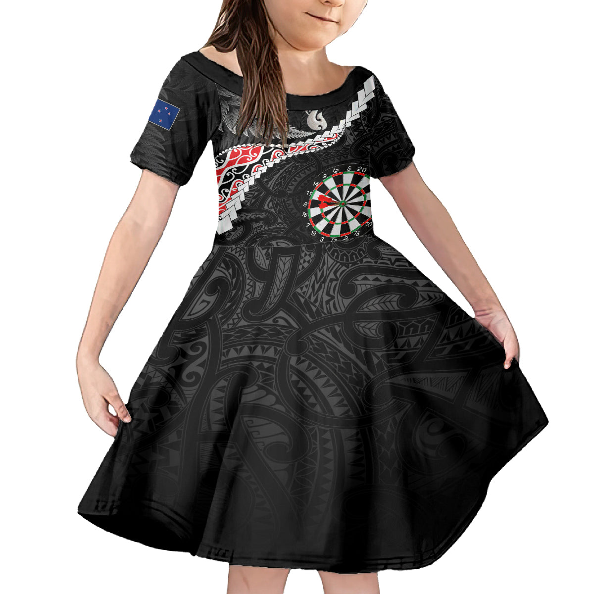 Personalised New Zealand Darts Kid Short Sleeve Dress Maori Manaia LT7 KID Black - Polynesian Pride