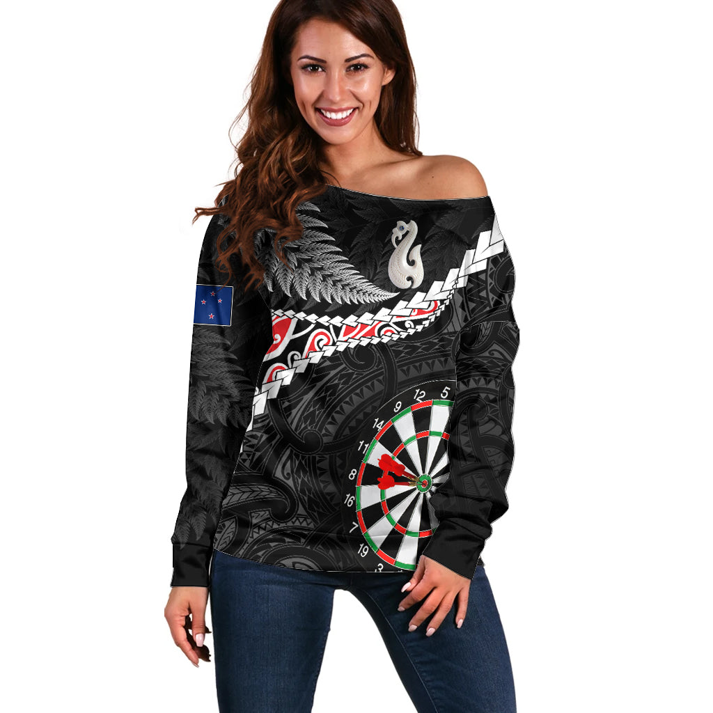 Personalised New Zealand Darts Off Shoulder Sweater Maori Manaia LT7 Women Black - Polynesian Pride