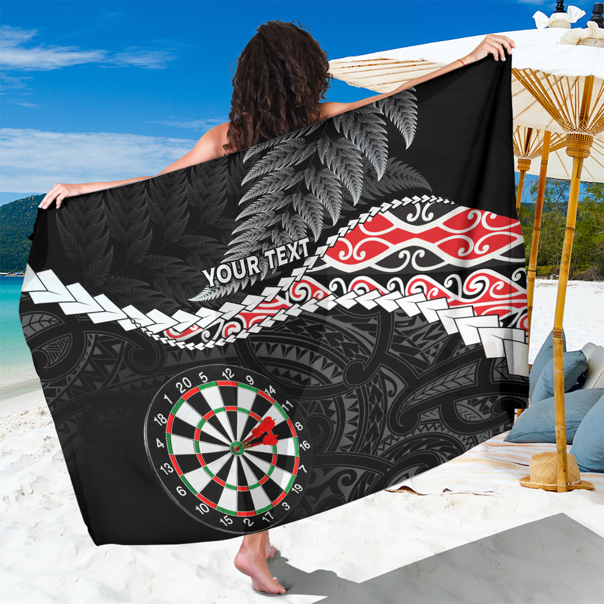 Personalised New Zealand Darts Sarong Maori Manaia LT7 One Size 44 x 66 inches Black - Polynesian Pride