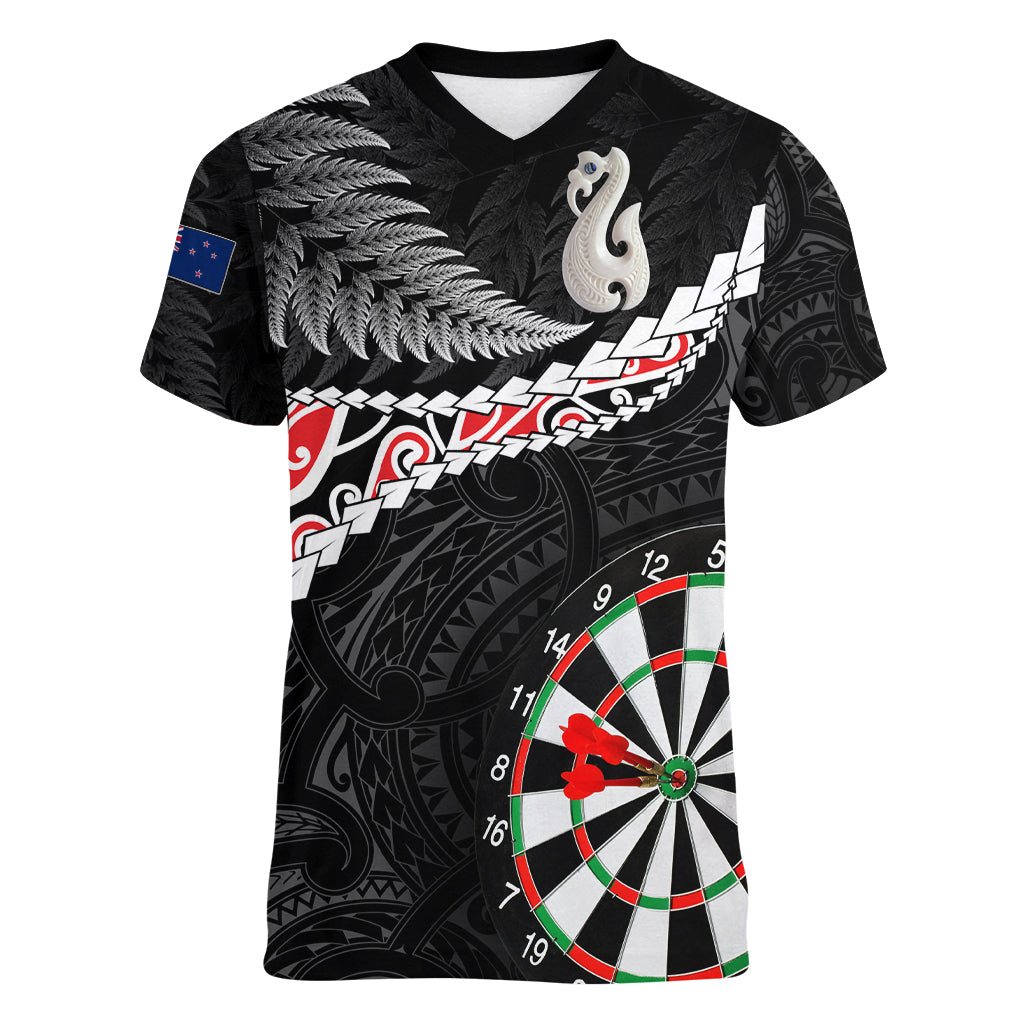 Personalised New Zealand Darts Women V Neck T Shirt Maori Manaia LT7 Female Black - Polynesian Pride