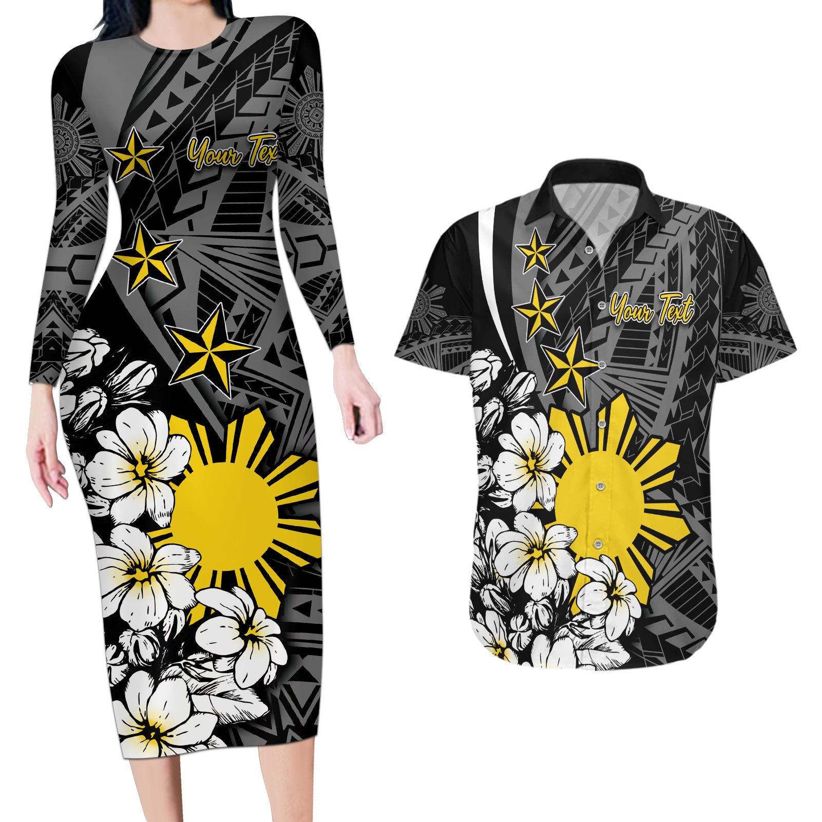 Philippines Sampaguita Personalised Couples Matching Long Sleeve Bodycon Dress and Hawaiian Shirt Women's Day LT7 Black - Polynesian Pride