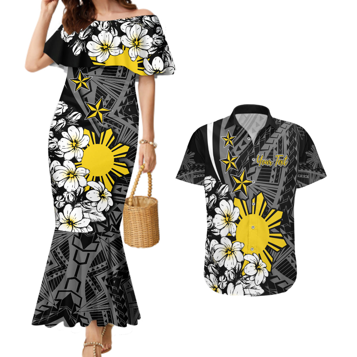 Philippines Sampaguita Personalised Couples Matching Mermaid Dress and Hawaiian Shirt Women's Day LT7 Black - Polynesian Pride