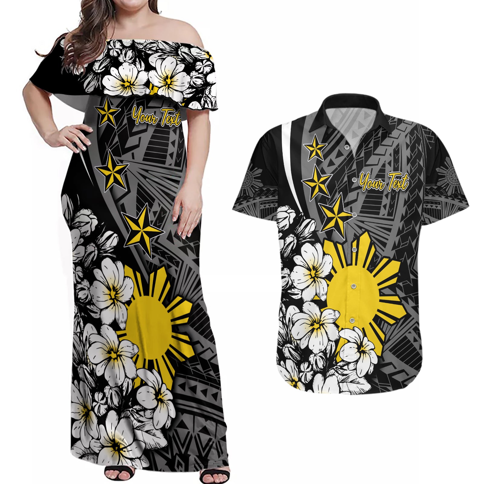 Philippines Sampaguita Personalised Couples Matching Off Shoulder Maxi Dress and Hawaiian Shirt Women's Day LT7 Black - Polynesian Pride