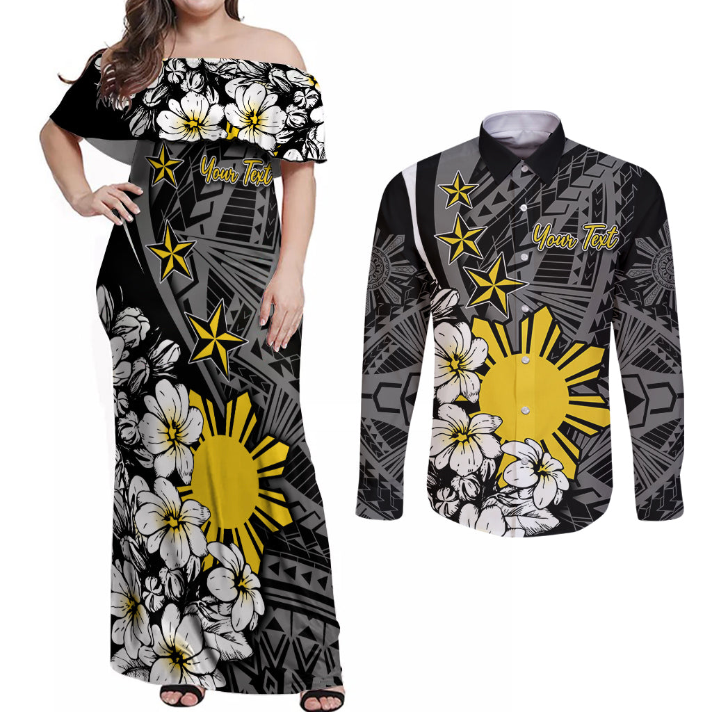 Philippines Sampaguita Personalised Couples Matching Off Shoulder Maxi Dress and Long Sleeve Button Shirt Women's Day LT7 Black - Polynesian Pride