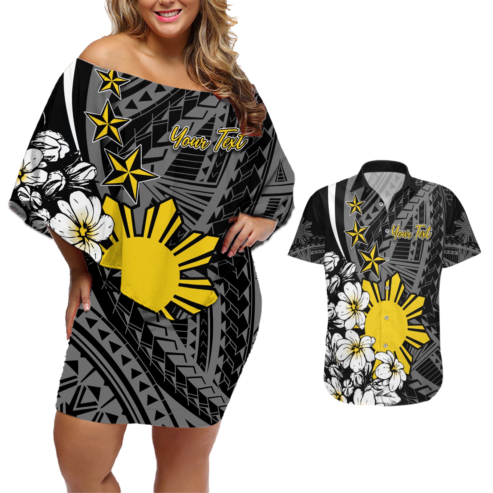 Philippines Sampaguita Personalised Couples Matching Off Shoulder Short Dress and Hawaiian Shirt Women's Day LT7 Black - Polynesian Pride