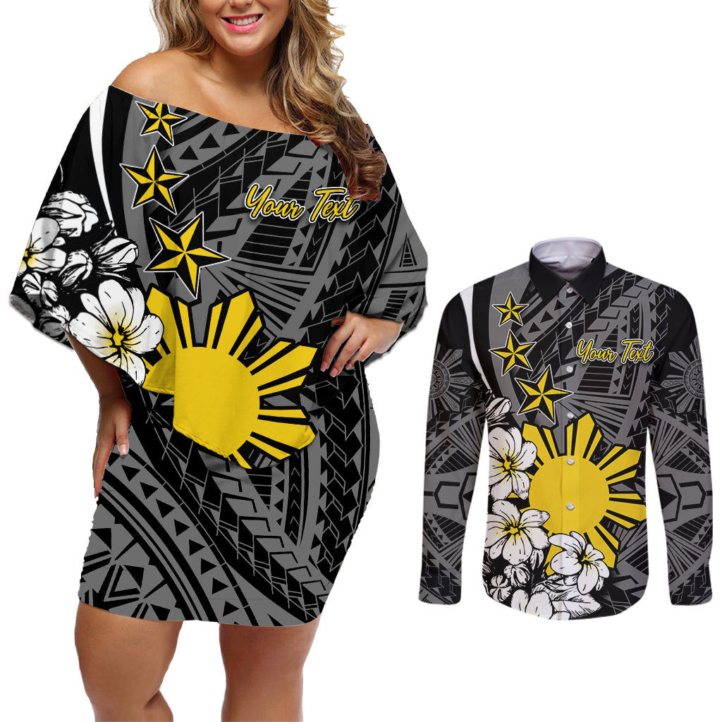 Philippines Sampaguita Personalised Couples Matching Off Shoulder Short Dress and Long Sleeve Button Shirt Women's Day LT7 Black - Polynesian Pride