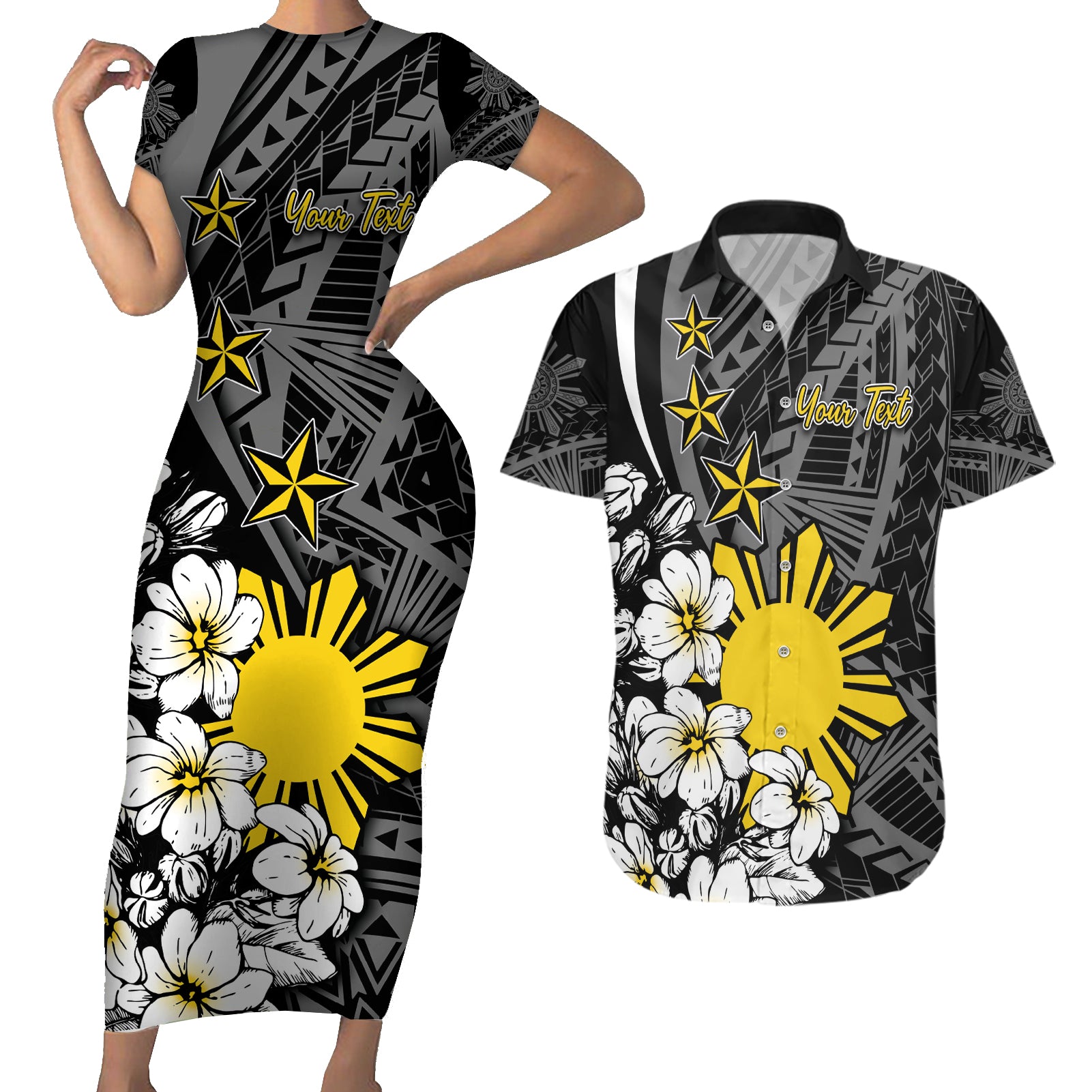 Philippines Sampaguita Personalised Couples Matching Short Sleeve Bodycon Dress and Hawaiian Shirt Women's Day LT7 Black - Polynesian Pride