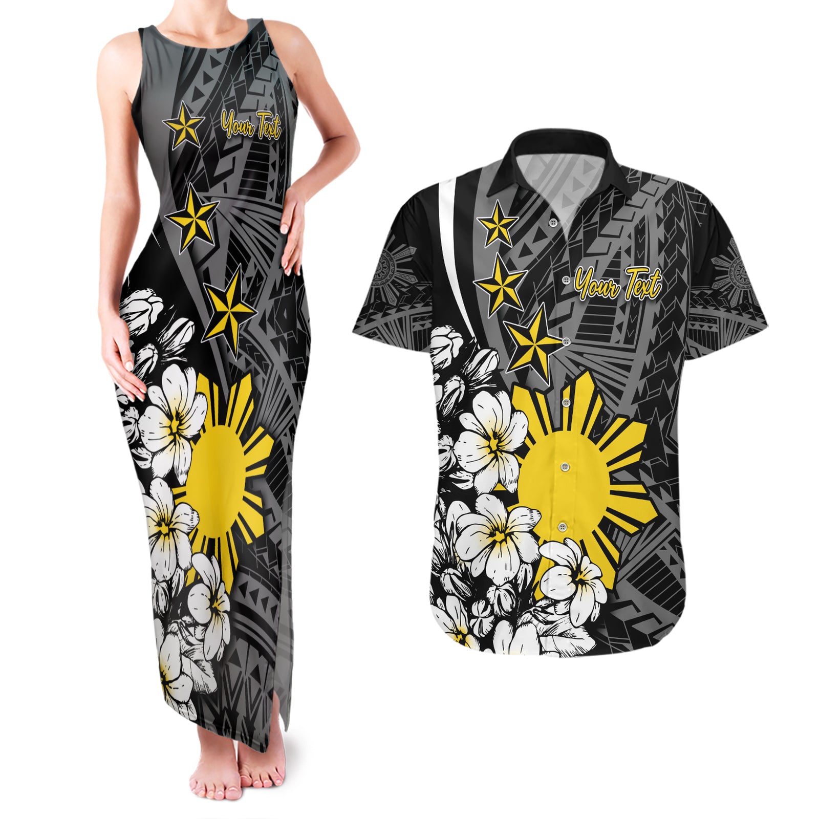 Philippines Sampaguita Personalised Couples Matching Tank Maxi Dress and Hawaiian Shirt Women's Day LT7 Black - Polynesian Pride