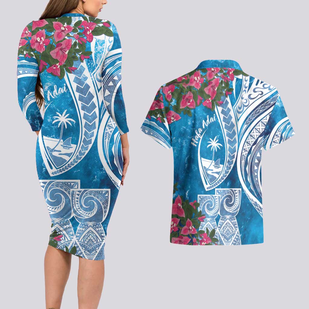 Hafa Adai Guam Couples Matching Long Sleeve Bodycon Dress and Hawaiian Shirt Crystal Waves