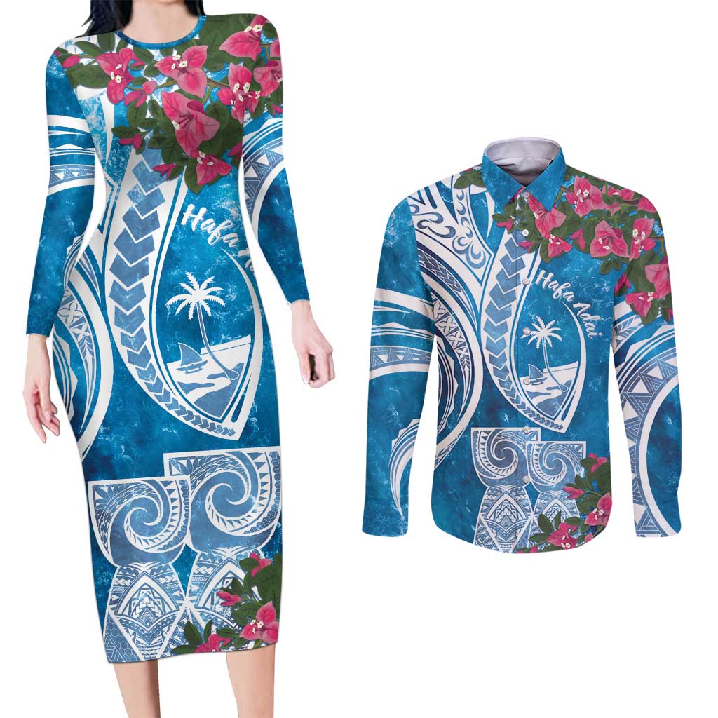 Hafa Adai Guam Couples Matching Long Sleeve Bodycon Dress and Long Sleeve Button Shirt Crystal Waves