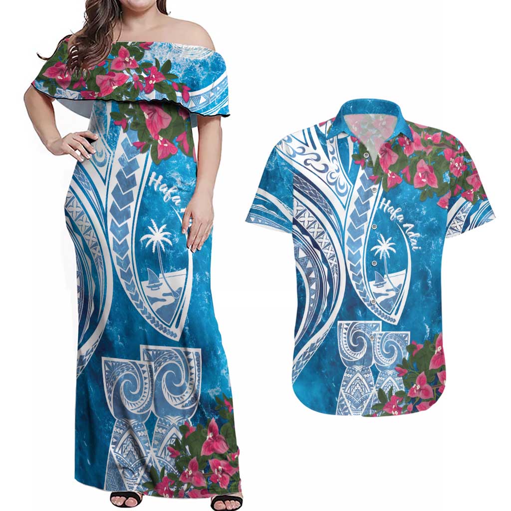 Hafa Adai Guam Couples Matching Off Shoulder Maxi Dress and Hawaiian Shirt Crystal Waves