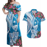 Hafa Adai Guam Couples Matching Off Shoulder Maxi Dress and Hawaiian Shirt Crystal Waves