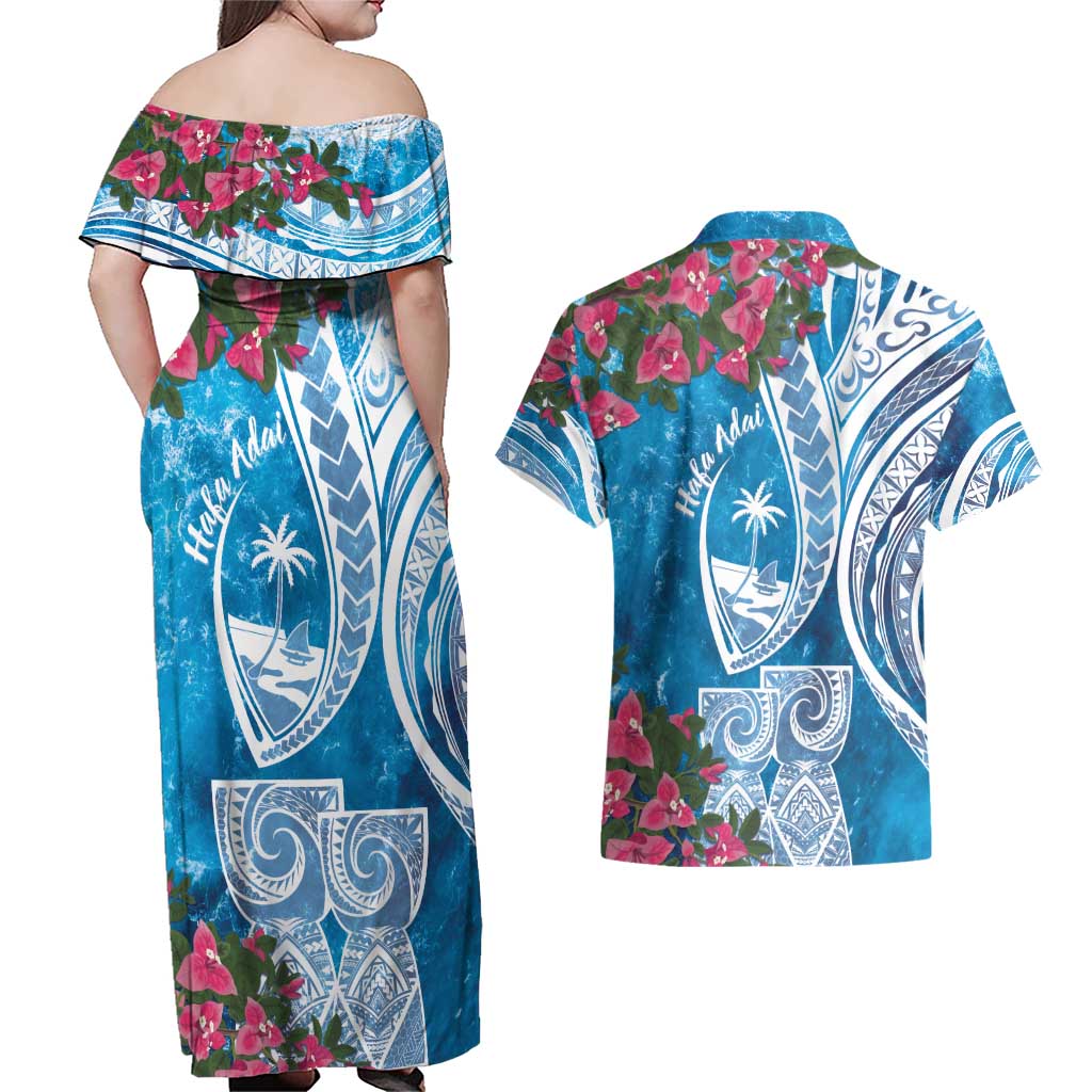 Hafa Adai Guam Couples Matching Off Shoulder Maxi Dress and Hawaiian Shirt Crystal Waves