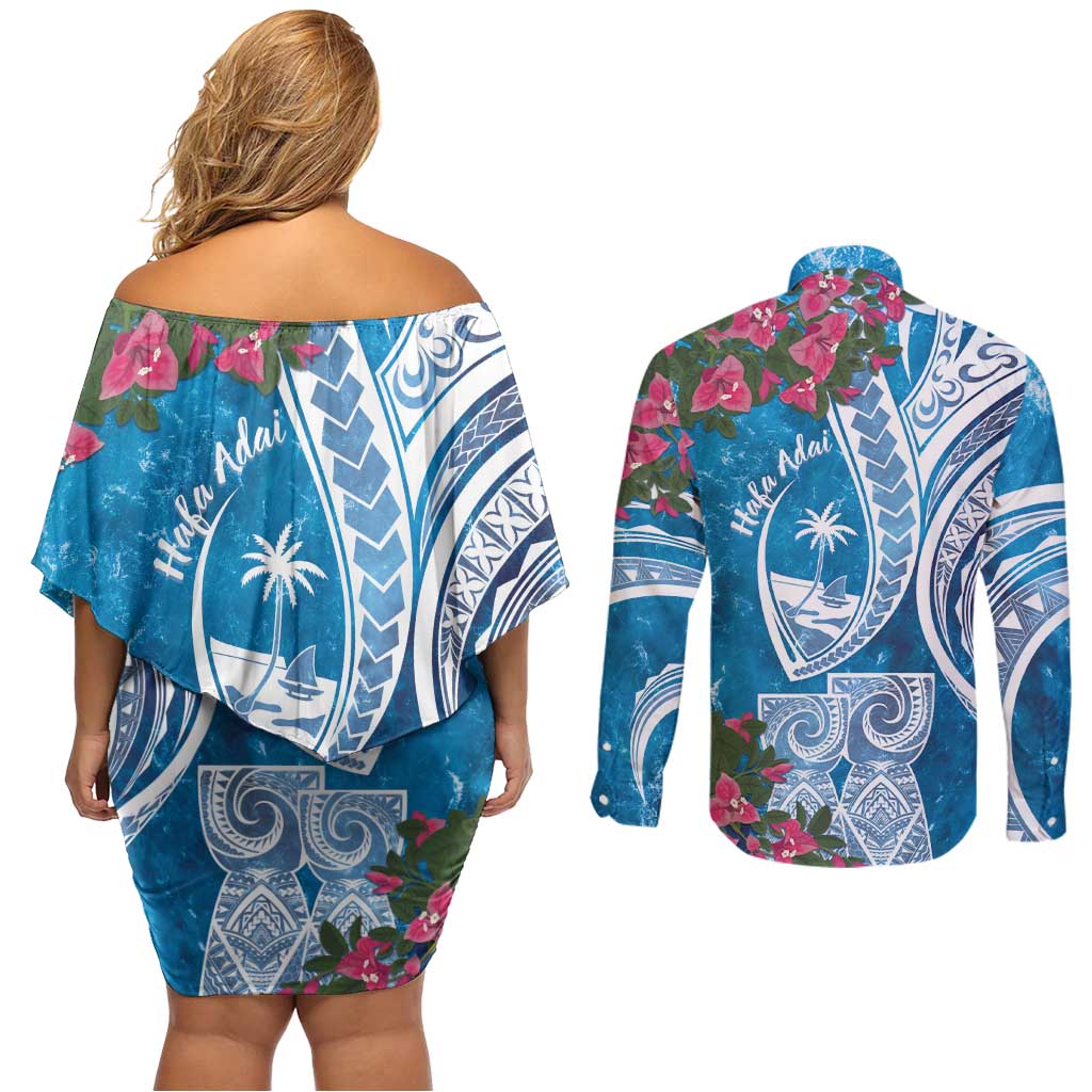 Hafa Adai Guam Couples Matching Off Shoulder Short Dress and Long Sleeve Button Shirt Crystal Waves
