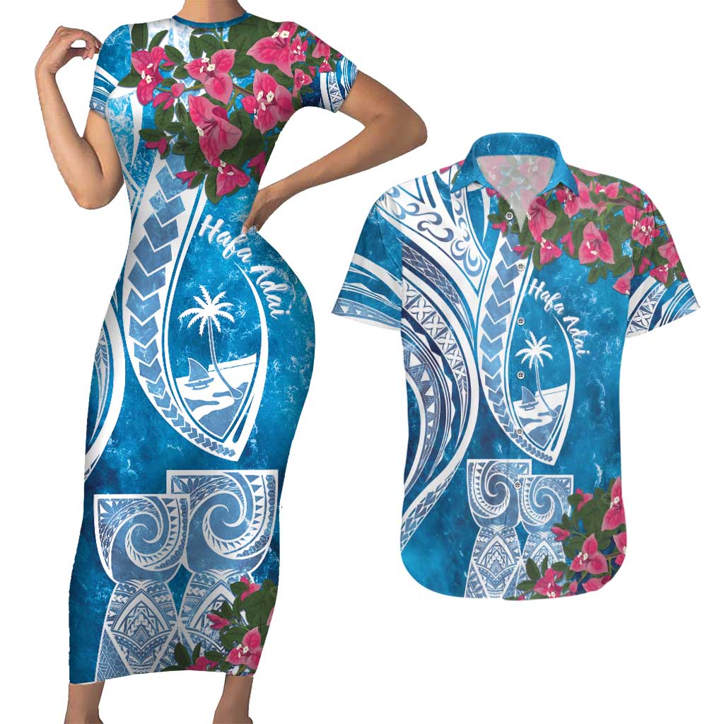 Hafa Adai Guam Couples Matching Short Sleeve Bodycon Dress and Hawaiian Shirt Crystal Waves