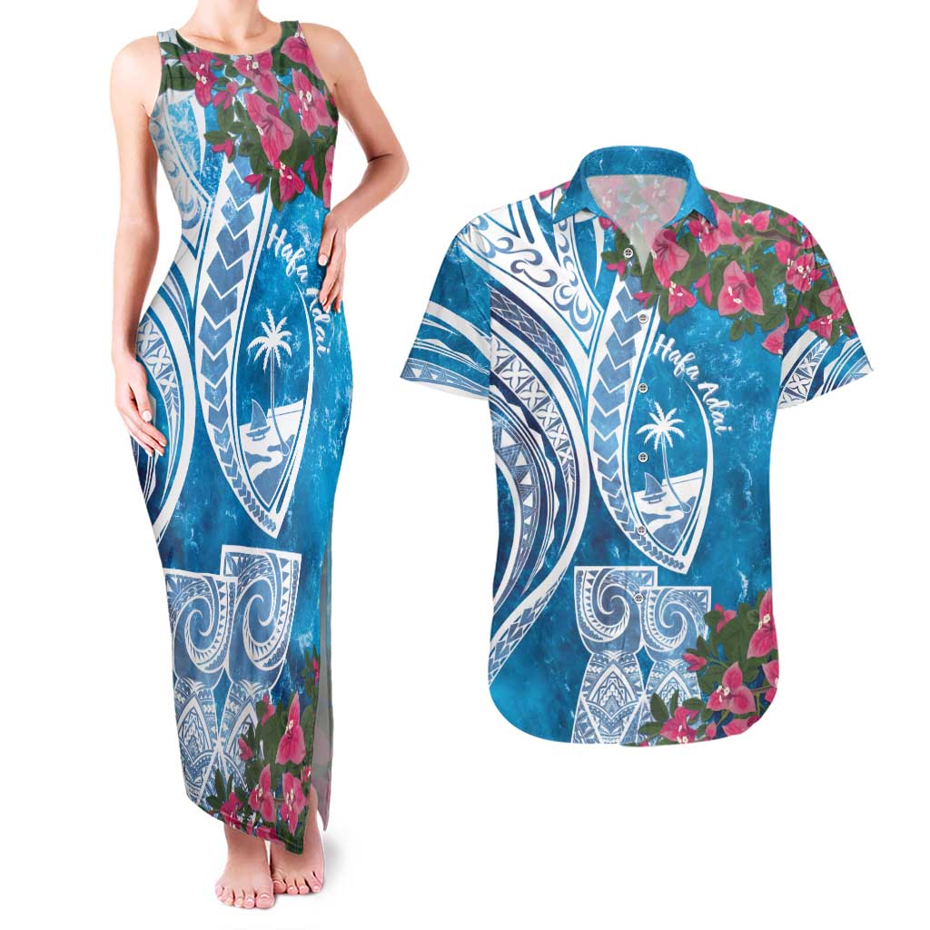 Hafa Adai Guam Couples Matching Tank Maxi Dress and Hawaiian Shirt Crystal Waves LT7 Blue - Polynesian Pride