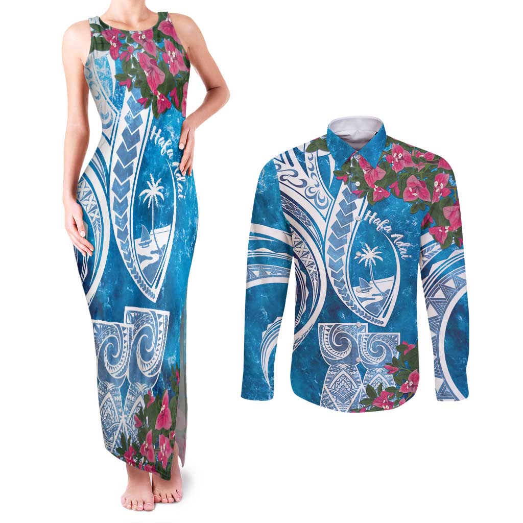 Hafa Adai Guam Couples Matching Tank Maxi Dress and Long Sleeve Button Shirt Crystal Waves