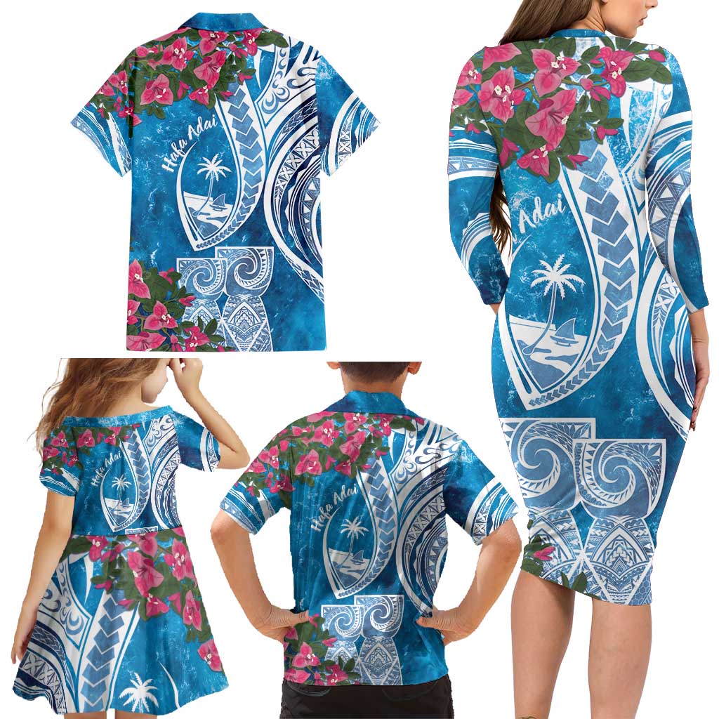 Hafa Adai Guam Family Matching Long Sleeve Bodycon Dress and Hawaiian Shirt Crystal Waves