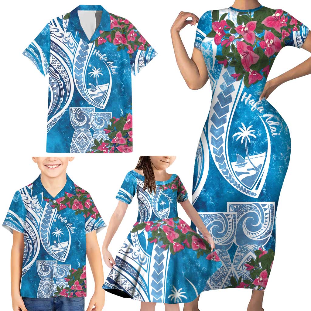 Hafa Adai Guam Family Matching Short Sleeve Bodycon Dress and Hawaiian Shirt Crystal Waves