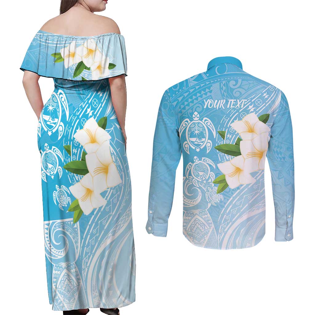Personalized Guam Chamorro Couples Matching Off Shoulder Maxi Dress and Long Sleeve Button Shirt Turtles and Guasali Flowers