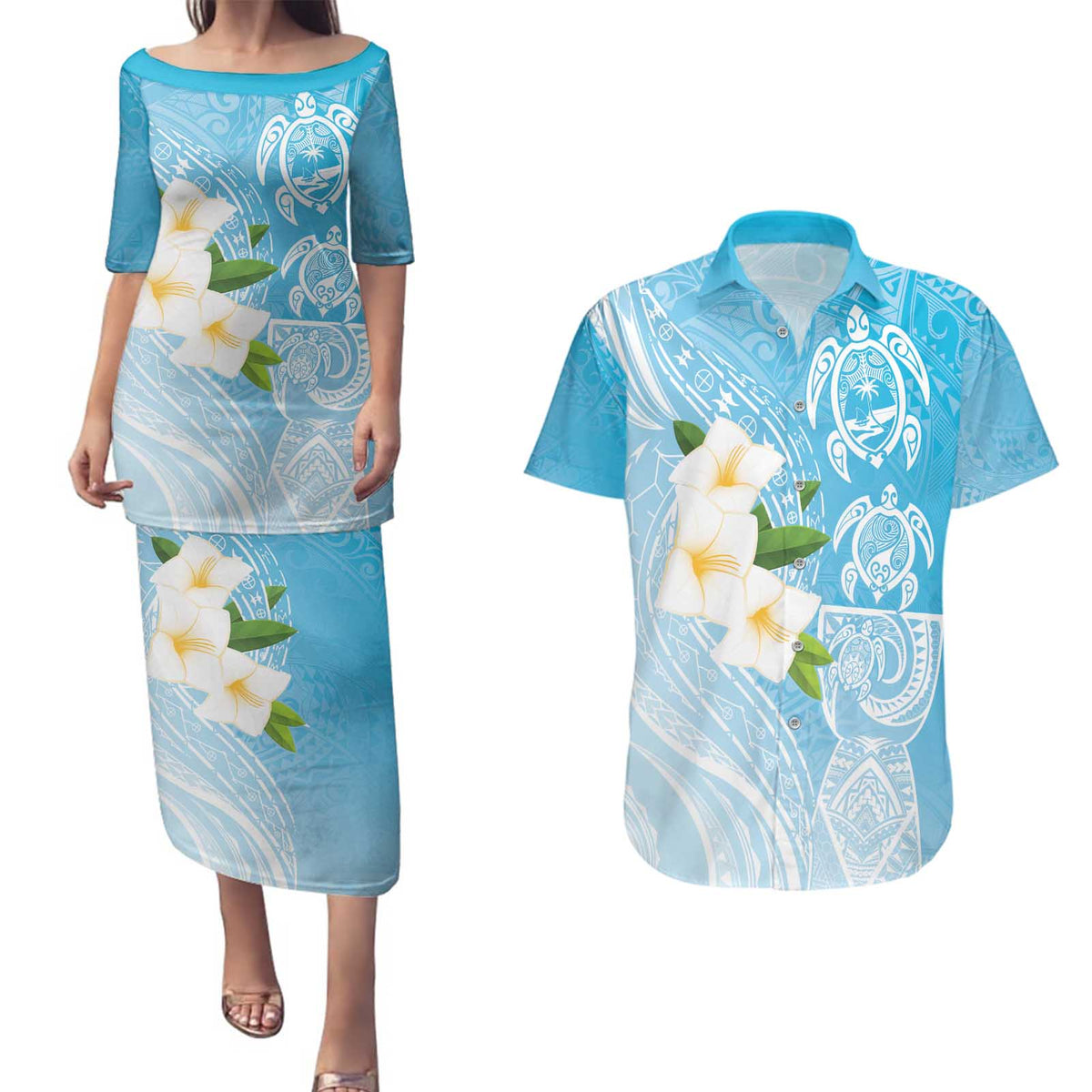 Personalized Guam Chamorro Couples Matching Puletasi and Hawaiian Shirt Turtles and Guasali Flowers