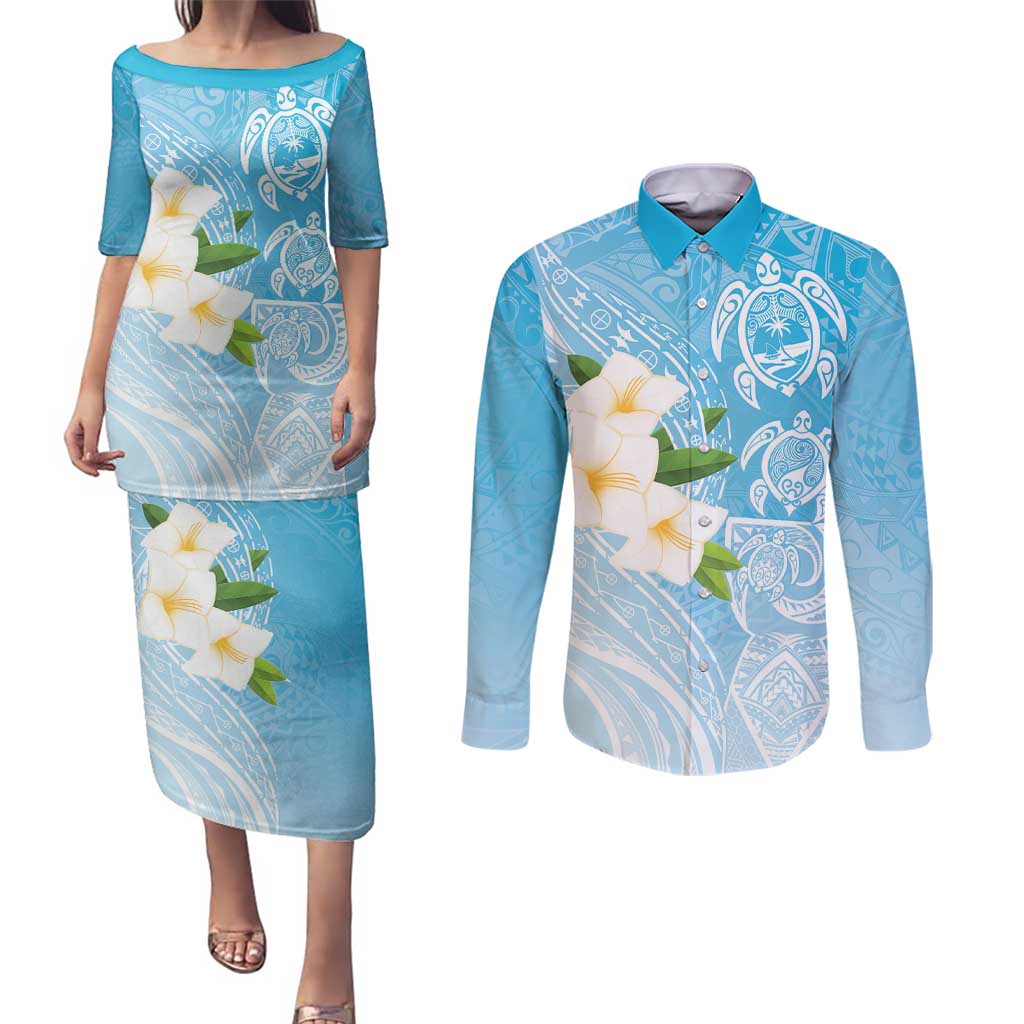 Personalized Guam Chamorro Couples Matching Puletasi and Long Sleeve Button Shirt Turtles and Guasali Flowers