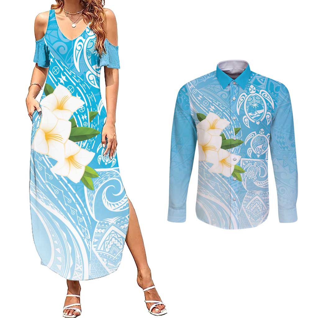 Personalized Guam Chamorro Couples Matching Summer Maxi Dress and Long Sleeve Button Shirt Turtles and Guasali Flowers