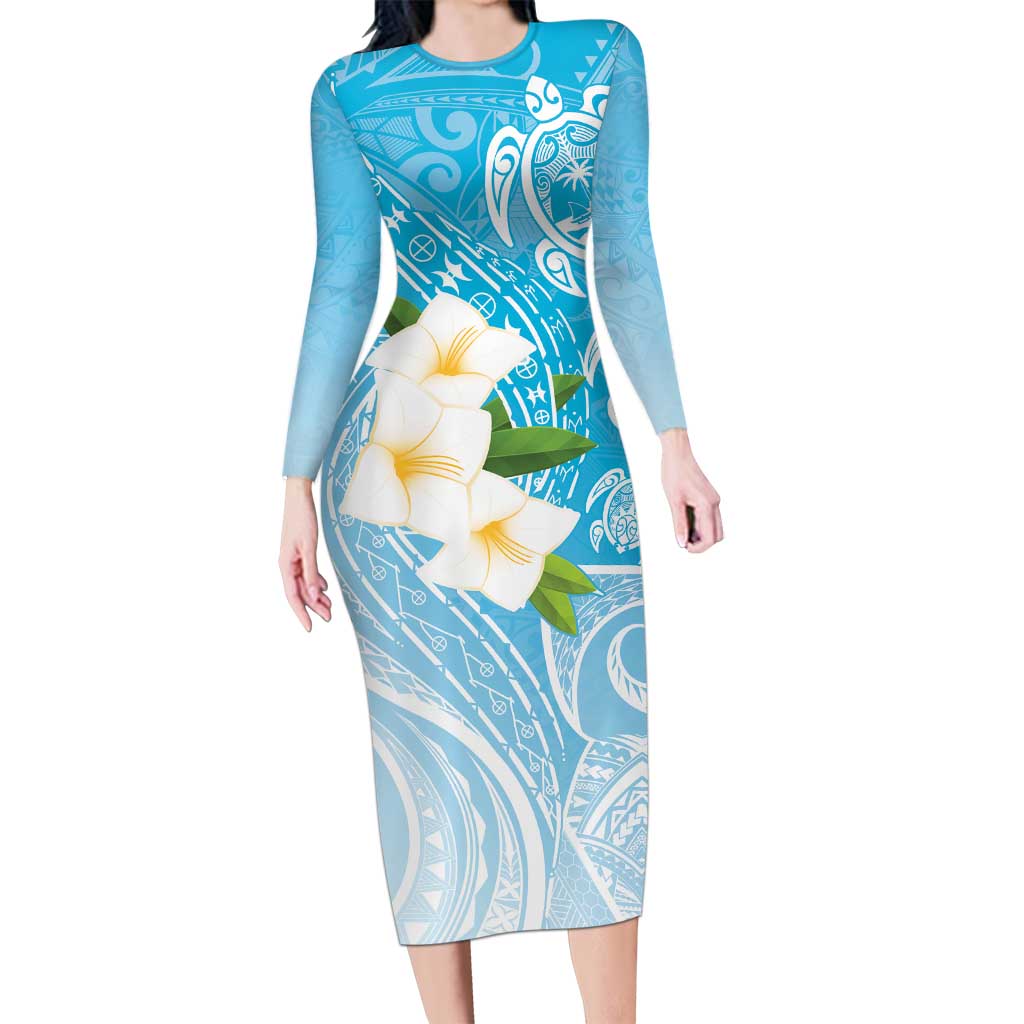 Personalized Guam Chamorro Long Sleeve Bodycon Dress Turtles and Guasali Flowers