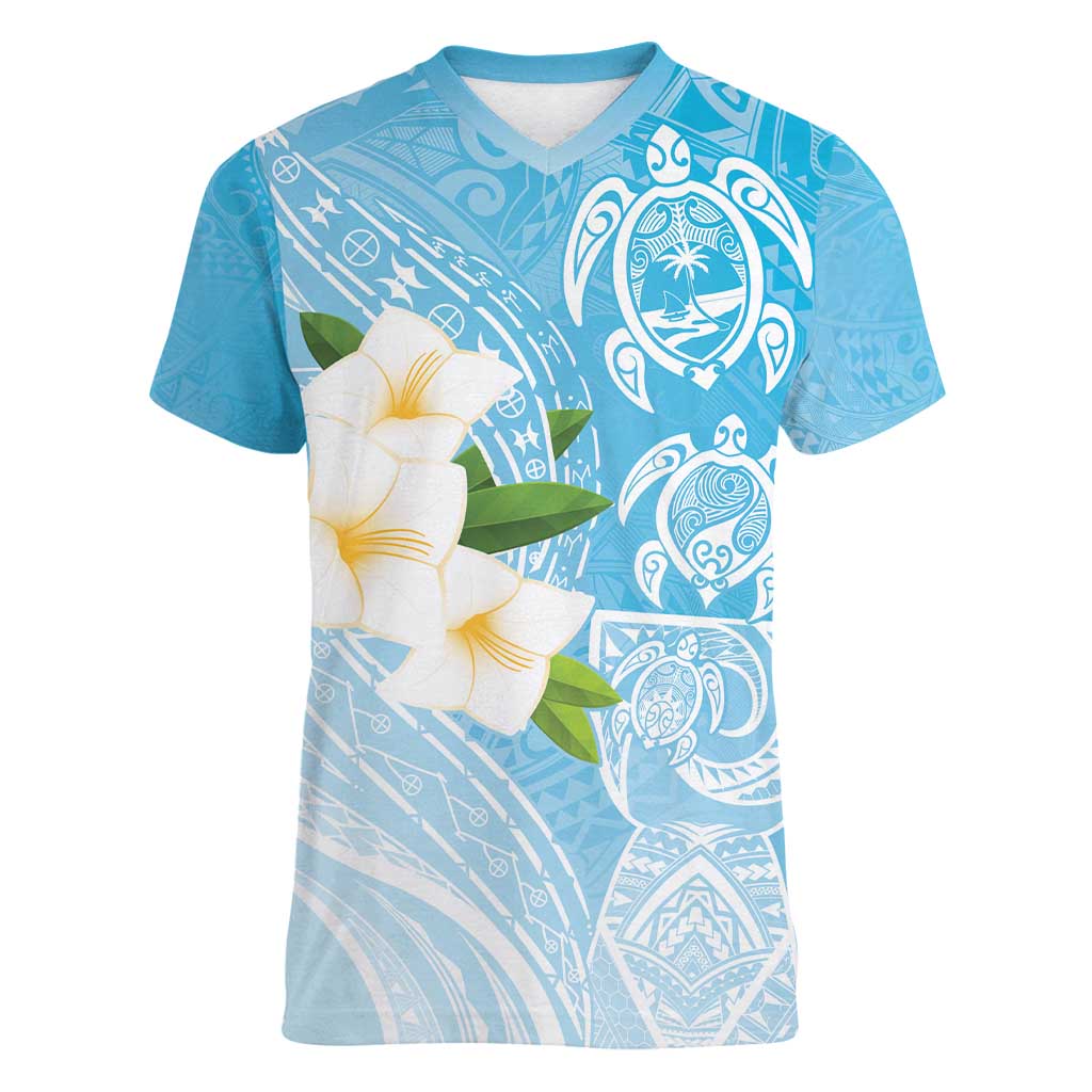 Personalized Guam Chamorro Women V-Neck T-Shirt Turtles and Guasali Flowers LT7 Female Turquoise - Polynesian Pride