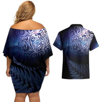 New Zealand Aotearoa Matariki Couples Matching Off Shoulder Short Dress and Hawaiian Shirt Starry Silver Fern LT7 - Polynesian Pride